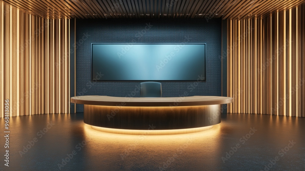 Poster Wooden table and chairs positioned on a stand with a LED screen backdrop in a news studio setting 3D rendering