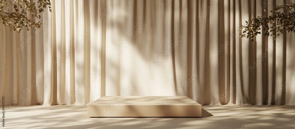 Poster Beige platform against a beige curtain backdrop featuring sunshade and tree shadows Abstract setting for product or advertisement display 3D rendering