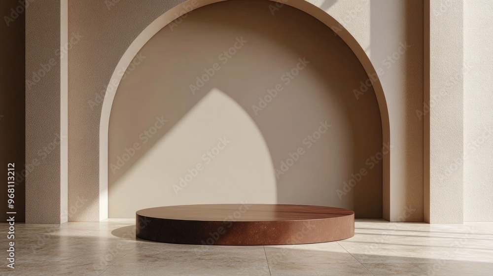 Aufkleber brown platform against an arch wall backdrop mockup scene for showcasing products 3d rendering