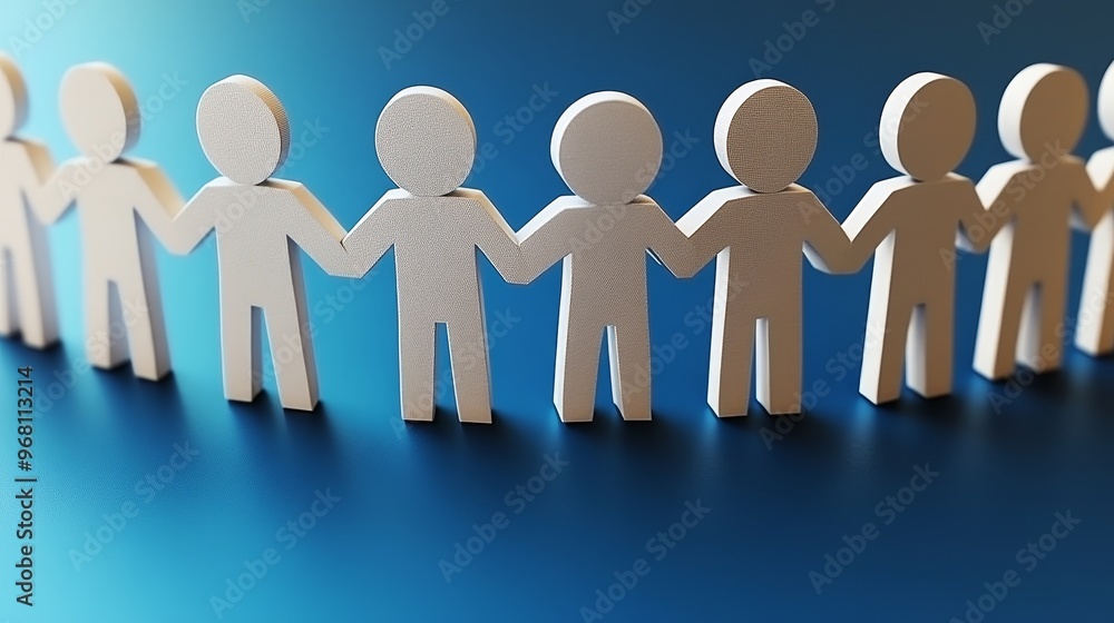 Poster a creative depiction of unity and teamwork with paper people holding hands against a gradient backgr