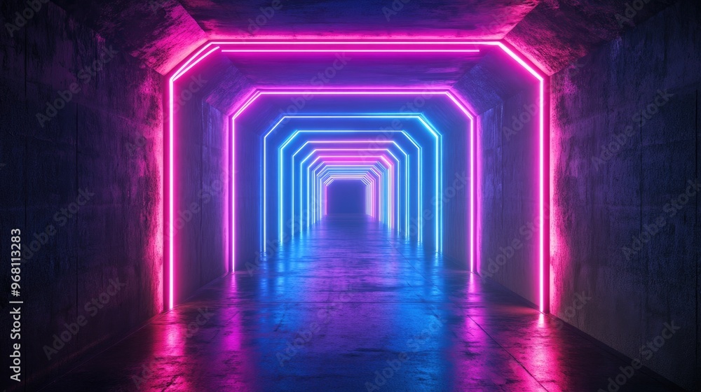 Poster vivid neon laser cyberpunk stage with illuminated tunnel corridor in a futuristic dark concrete grun