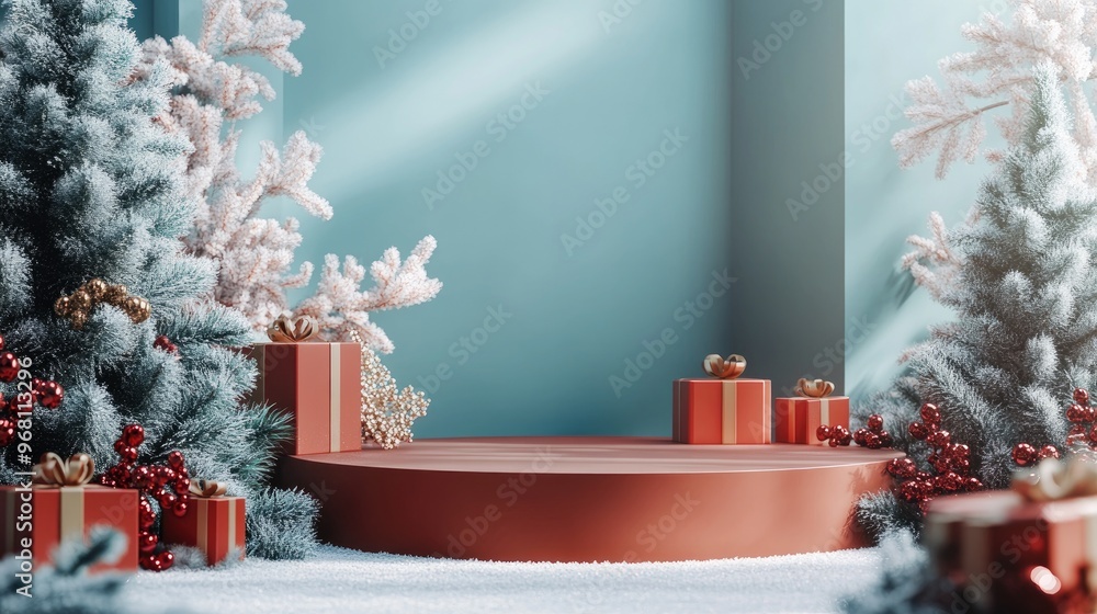 Poster christmas themed backgrounds featuring a podium stage platform in a minimal new year event style fes