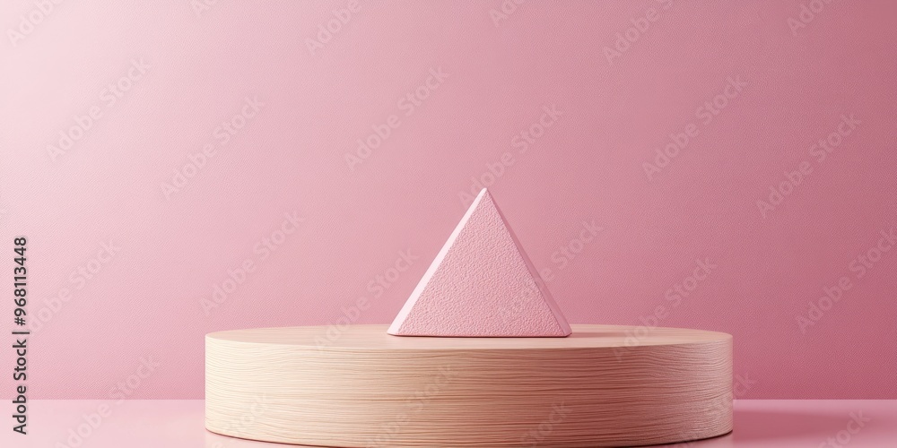 Poster pink geometric shapes on a wooden cylindrical podium abstract pastel background decorative elements 