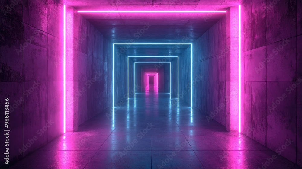 Poster vivid neon laser cyberpunk stage with illuminated tunnel corridor in a futuristic dark concrete grun