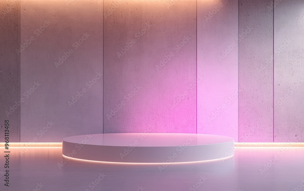 Poster Abstract interior design of a modern showroom featuring an empty white floor and smooth concrete wall backdrop with a podium for product display in futuristic architecture or an unconventional dwe