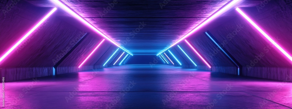 Canvas Prints Purple Blue Neon Laser Retro Modern Sci Fi Futuristic Spaceship Cyber Virtual Hallway Tunnel Corridor Dark Club Stage Podium Concrete Grunge 3D Rendering Illustration