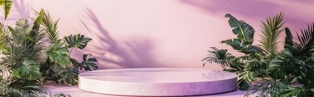 Aufkleber abstract podium on a sandy backdrop stone pedestal with a reflective surface surrounded by tropical 