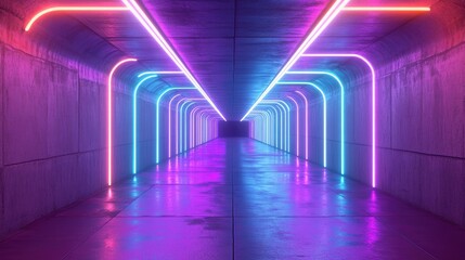 Neon Glowing Retro Modern Synthwave Tunnel with Purple and Blue Vibrant Lights Featuring Grunge Concrete Background in a 3D Rendered Illustration