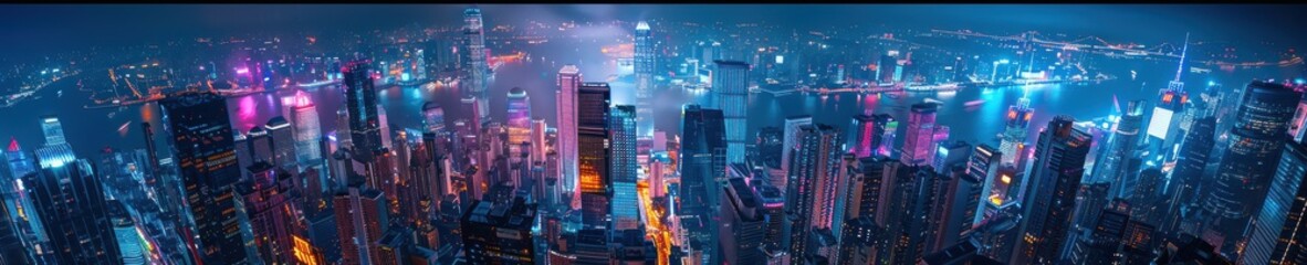 Obraz premium A vibrant aerial view of a cityscape at night, illuminated with colorful lights from buildings and streets below. Free copy space for banner.