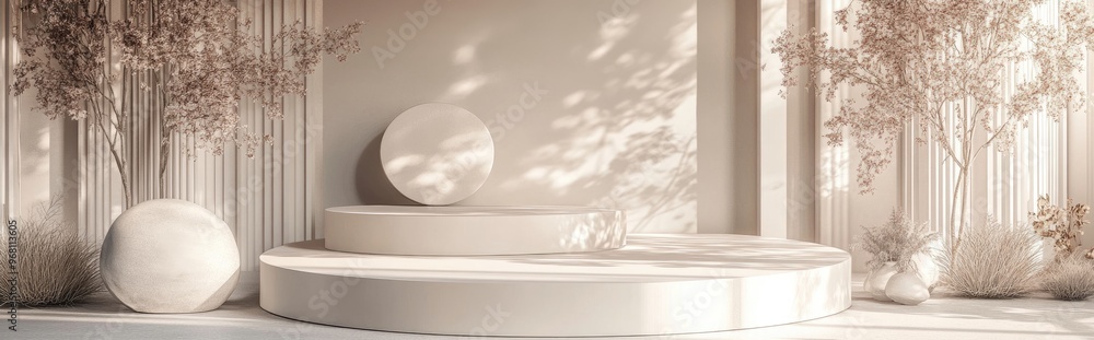 Poster Abstract Modern Minimalist Podium Platform for Product Showcase with Decorative Elements 3D Rendering
