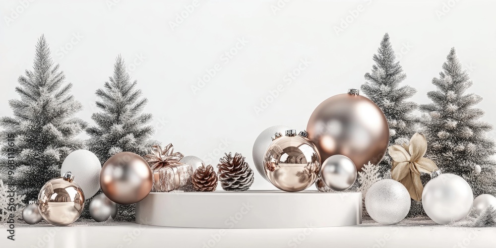 Poster rose gold and silver christmas ball ornaments alongside decorative objects arranged on a podium disp