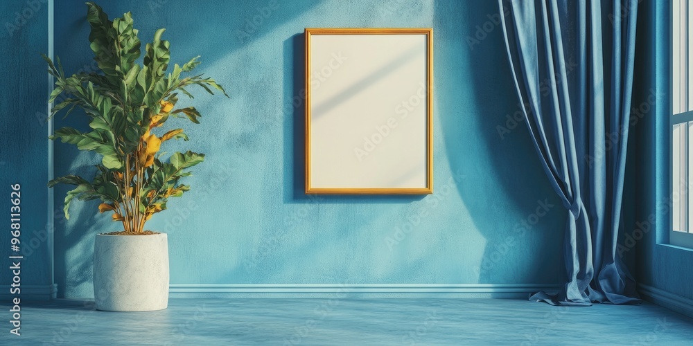 Sticker Contemporary blue interior featuring a blank tablet on a pedestal drapes and an ornamental plant 3D rendering