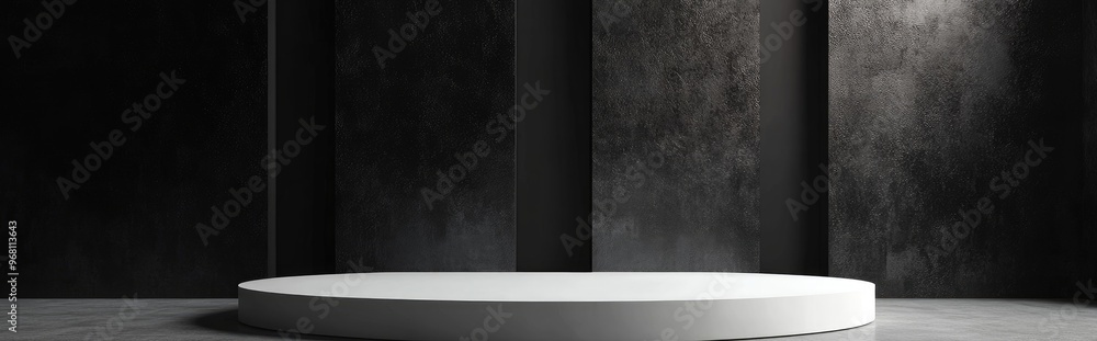 Poster White podium in a studio setting against a dark textured wall minimal mockup banner design backdrop empty gallery space with black walls for product display 3D rendering