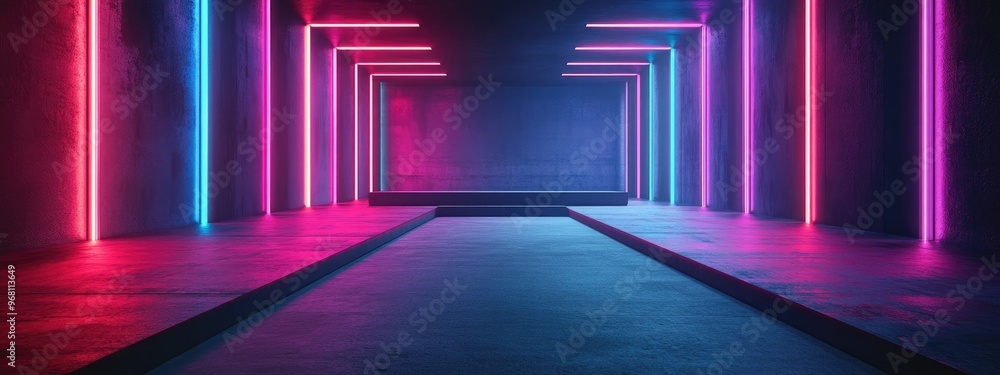Poster abstract digital glowing laser beams in a retro dark corridor with an empty podium and neon gray ban
