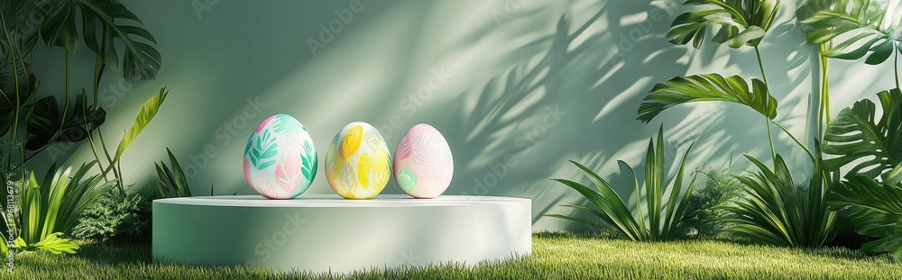 Aufkleber Easter holiday greeting card featuring vibrant painted eggs Three dimensional rendering of a podium and display set against lush green grass complemented by a subtle botanical background with shad