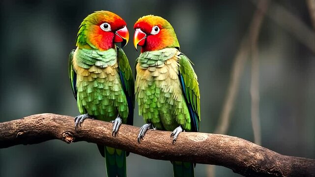 Two parrots sitting on a tree branch bird love animal red green wildlife