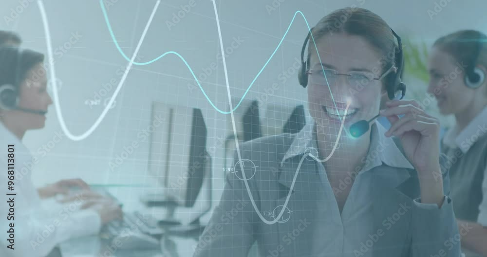 Poster animation of data processing over caucasian businesswoman using phone headset and computer