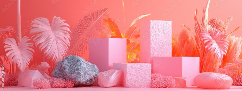 Poster Peach Fuzz is the trendy color of the year 2024 Abstract geometric shapes along with stone and leaf elements are set against a minimal background This trendy 3D render is ideal for social media ba