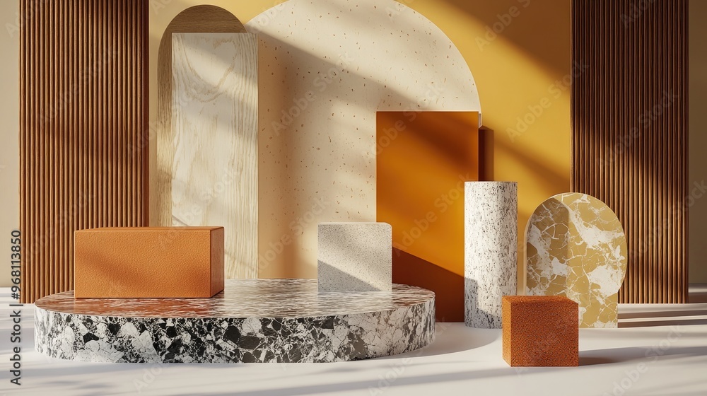 Leinwandbilder Three dimensional podium rendering featuring a platform for product design showcasing an array of abstract geometric shapes and patterns in various materials
