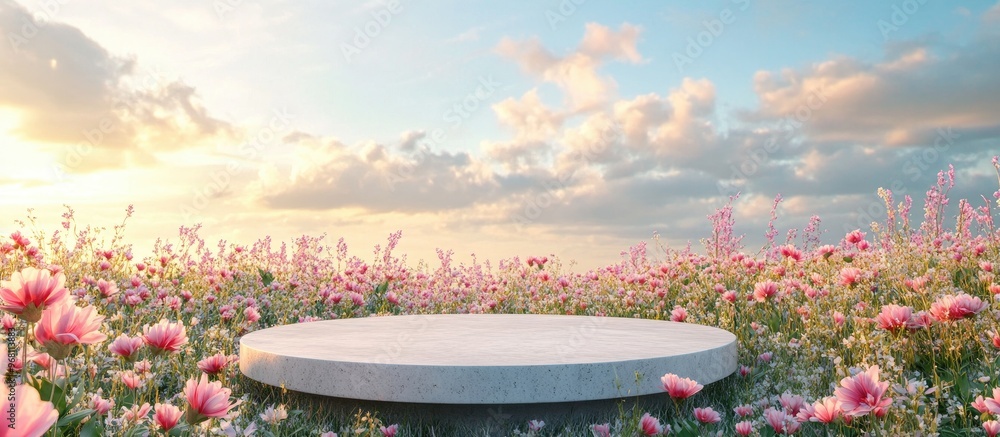 Poster spring flower field scene with a natural beauty podium backdrop 3d rendering