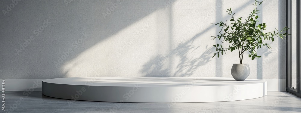 Aufkleber new item displayed on a sleek white pedestal 3d rendering 3d illustration