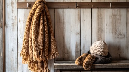 A woolen scarf in rich, earthy tones hanging on a wooden coat rack by the front door, with a wool hat and gloves resting on a bench below