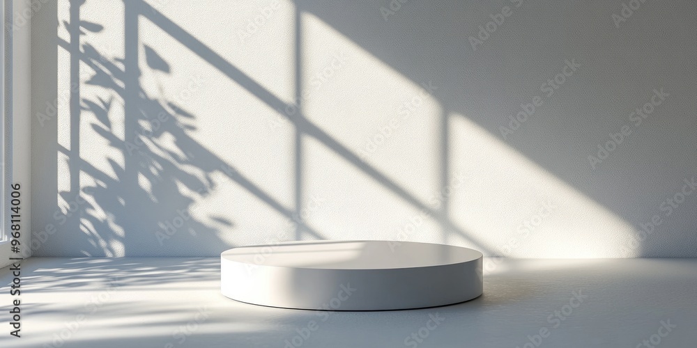 Fototapete White round podium in an interior space with shadows cast from a window Realistic abstract setting for showcasing fashion items Modern minimalist 3D render