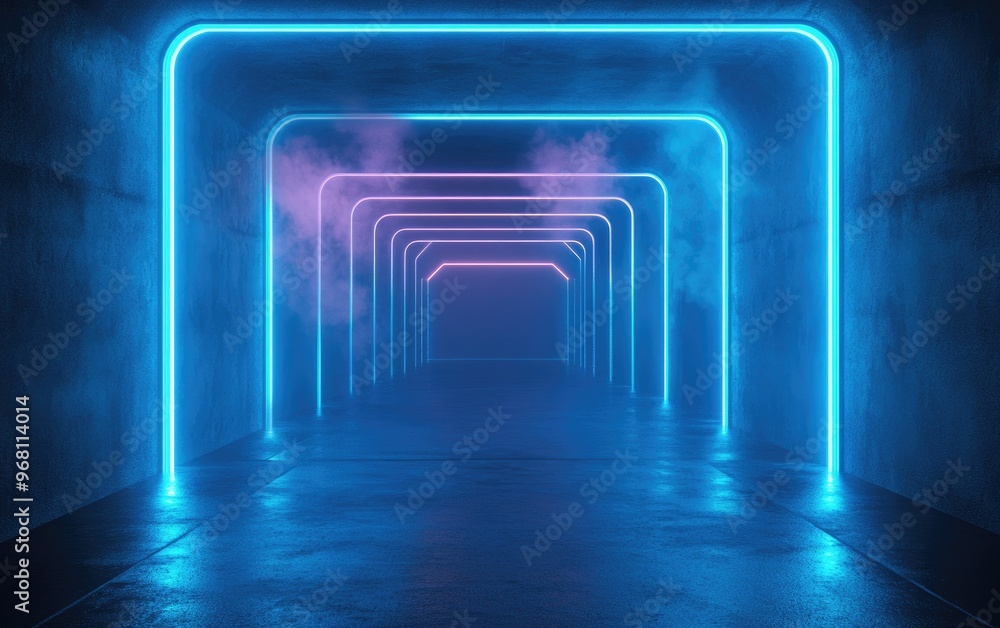 Poster smoke and neon lights in a glowing blue futuristic tunnel with a sci fi aesthetic featuring a virtua