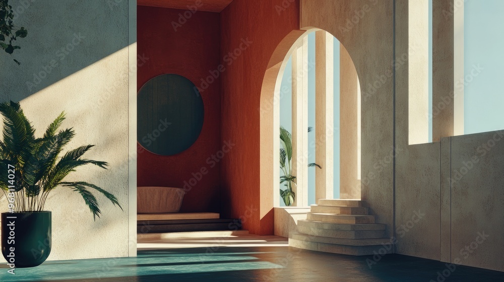 Poster Geometric architectural design featuring a balcony in the background rendered in 3D