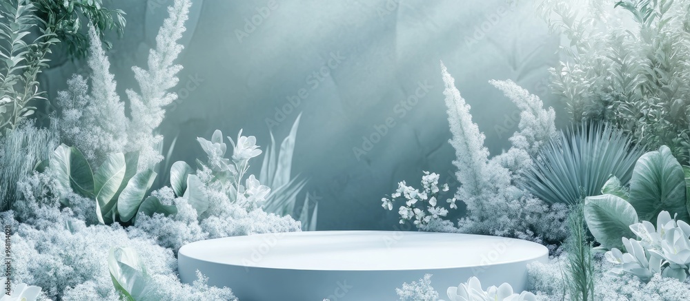 Aufkleber abstract floral landscape featuring a podium for product presentation against a frosted glass backdr