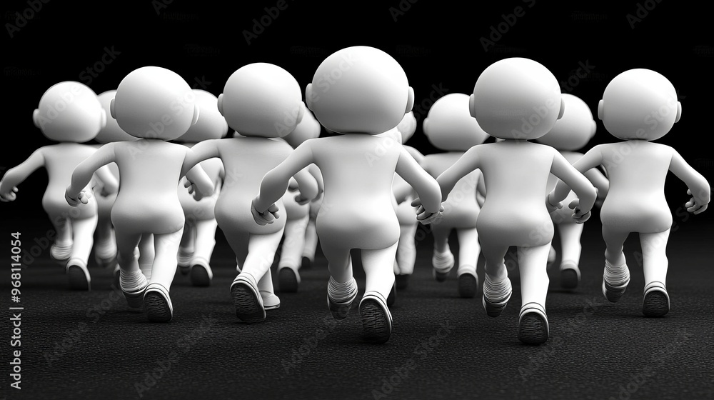 Poster a group of stylized characters running together in unison against a dark background, representing te