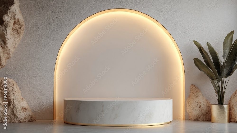 Poster minimalist clean product pedestal with a gold frame and abstract memorial board featuring a blank sp