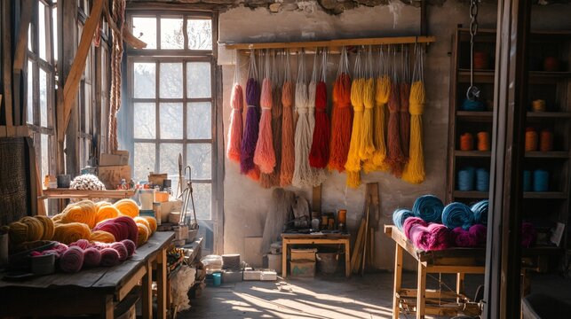 An artisan dying wool in vibrant natural colors, with skeins hanging to dry in a sunlit workshop filled with tools and materials