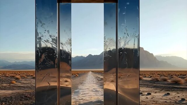 A mirror portal in desert landscape at sunset surrounded by mountains and sparse vegetation surrealism