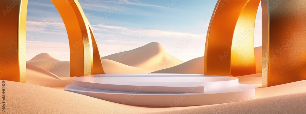 Poster abstract sand dune cliffs with a metallic podium platform surreal natural landscape of a desert feat