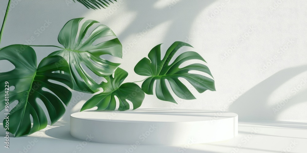 Poster White podium for product display featuring a monstera leaf 3D rendering