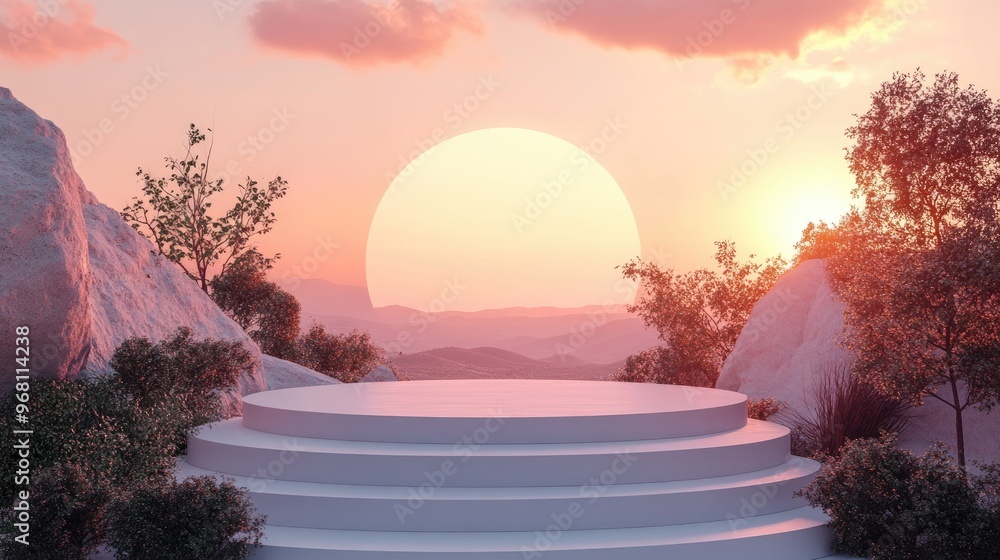 Poster Abstract landscape featuring a podium designed for product presentation 3D rendering
