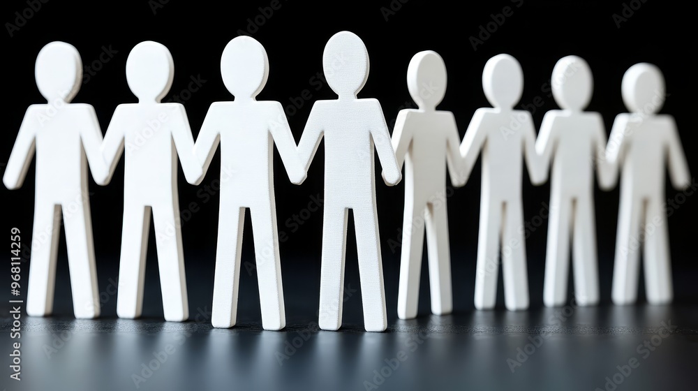 Poster a line of white paper figures holding hands, symbolizing unity, teamwork, and connection in a minima