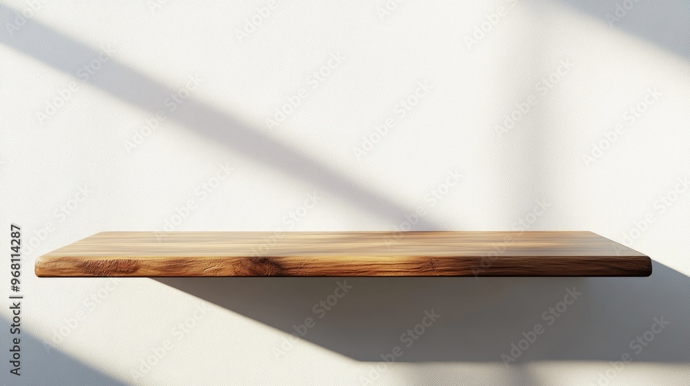 Poster a simple wooden board or tabletop is positioned against a white wall with sunlight creating shadows 