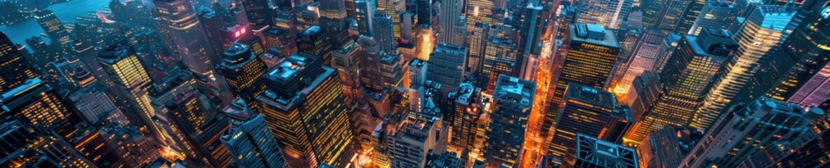 A vibrant aerial view of a cityscape at night, illuminated with colorful lights from buildings and streets below. Free copy space for banner.