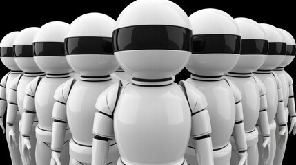 A lineup of futuristic robot figures in sleek, white designs. Ideal for themes of technology, innovation, and automation.