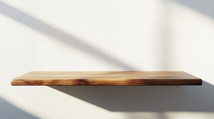 A simple wooden board or tabletop is positioned against a white wall with sunlight creating shadows A minimalist backdrop for product display 3D render 3D illustration