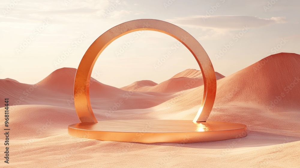 Aufkleber Abstract sandy dune cliffs featuring a metallic podium stand Surreal desert landscape backdrop showcasing glossy metallic arches in a geometric design 3D render