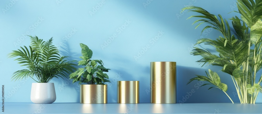 Aufkleber Elegant gold cylinder product display in a blue environment with greenery studio setup featuring minimalistic design 3D rendering
