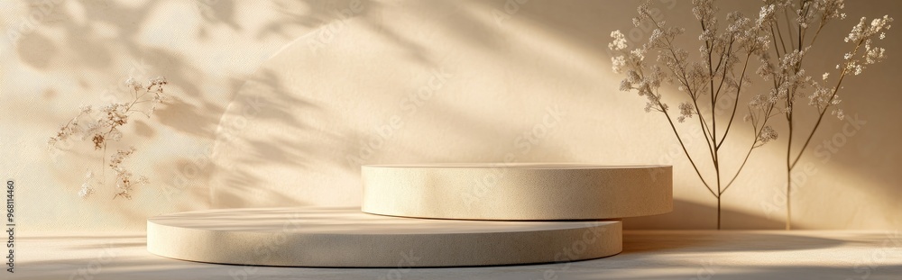 Poster Beige podium set in a minimalist style for mock up presentations featuring an abstract background design with ample copy space 3D render