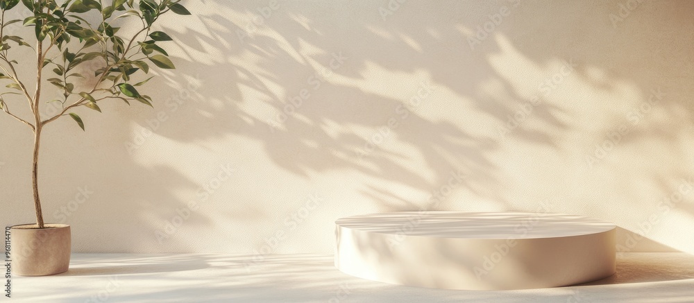 Aufkleber natural podium on a soft pastel stucco background featuring a plant and shadows on the wall 3d rende