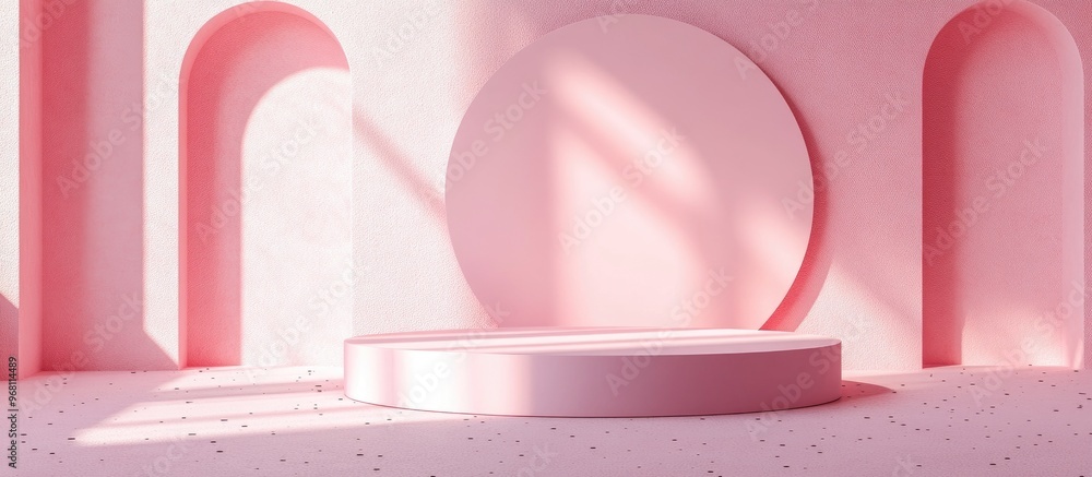 Aufkleber cylindrical platform featuring abstract shapes on a pink backdrop design concept for product showcas