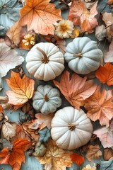 Fototapeta premium Autumnal composition of pumpkins and flowers forming a festive background
