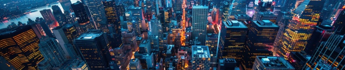 Obraz premium A vibrant aerial view of a cityscape at night, illuminated with colorful lights from buildings and streets below. Free copy space for banner.