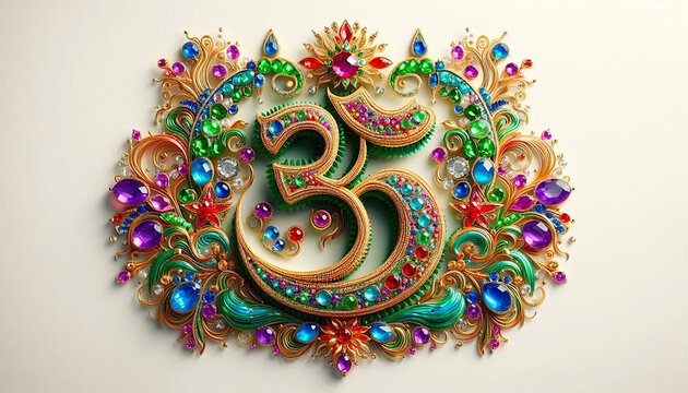 Indian Hinduism religious symbol golden text Om,aum,or oim meaning adoration to Hindu god,decorated with emerald, sapphire, ruby, jewels, ornate, gold thread, white background